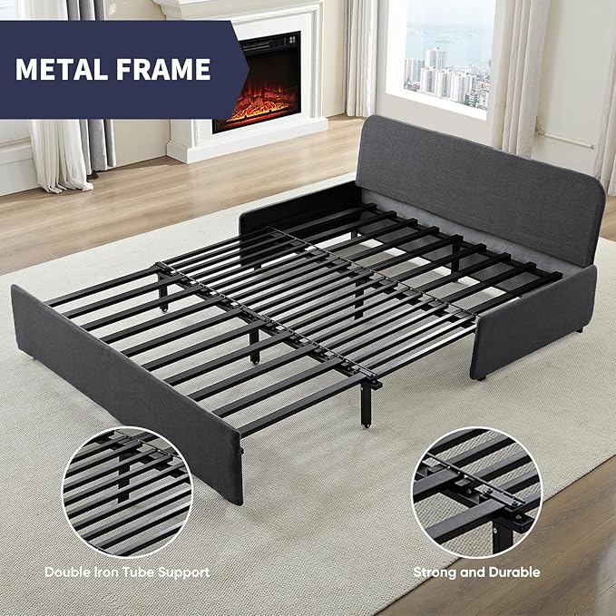 Queen Size Sofa Bed, Pull Out Sofa Bed with Cushions & Throw Pillows, Linen Couch Beds, Modern Convertible Sleeper Sofas Beds, Loveseat for Living Room for Small Spaces - Dark Grey