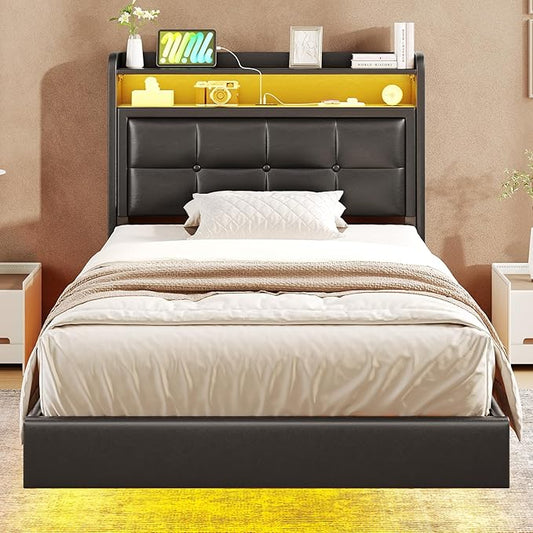 Twin Size Floating Bed Frame with Tufted Storage Headboard, LED Upholstered Platform Bed with 4 Charging Ports, Black Pu Leather Bed, No Box Spring Needed, Wood Slats