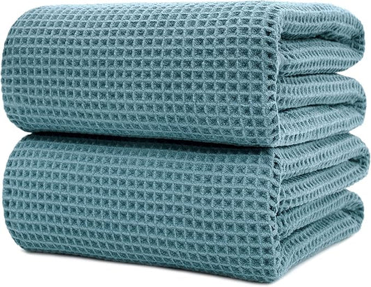 POLYTE Microfiber Quick Dry Lint Free Bath Sheet, 70 x 35 in, Set of 2 (Green, Waffle Weave)