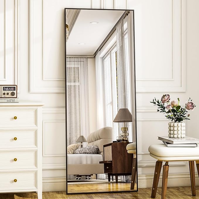 HARRITPURE 21"x56" Full Length Mirror Floor Rectangle Mirrors Aluminum Frame Standing Wall & Leaning Large Dressing Mirror for Living Room Bedroom Cloakroom,Black