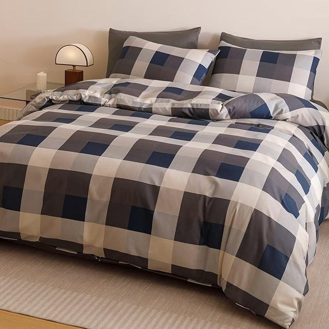 Blue Checkered Comforter Set Twin Size Blue, Gray, Beige and White Three-Color Bedding Soft Bedding Simple and Modern Bedroom Decoration