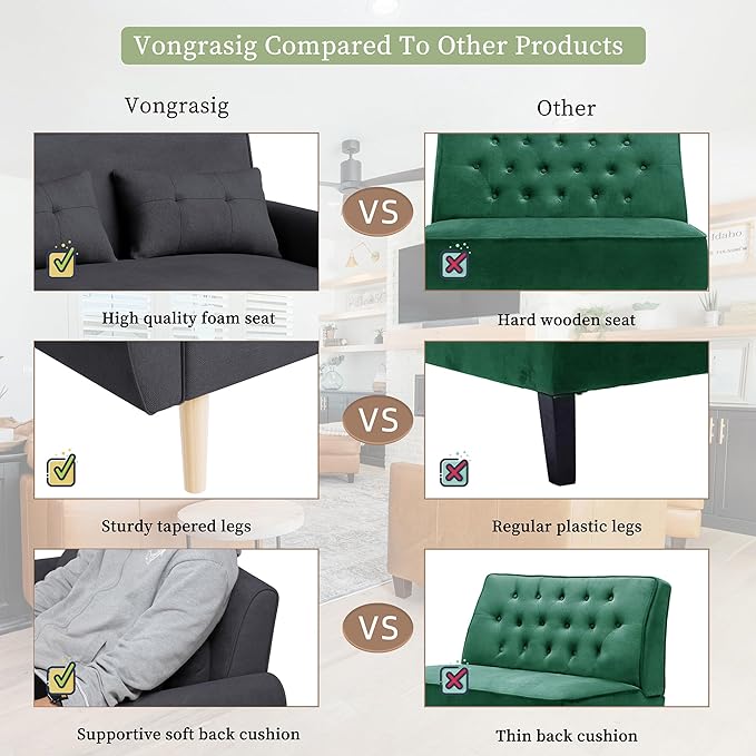 Vongrasig 47" Small Modern Loveseat Sofa, Mid Century Linen Fabric 2-Seat Sofa Couch Tufted Love Seat with Back Cushions and Tapered Legs for Living Room, Bedroom and Small Space (Black)