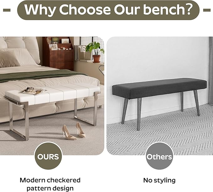 Upholstered Dining Bench, 44.29 Inch Leather Upholstered Bedroom Benches, Entryway Bench for Living Room Kitchen Dining Room(White&Silver)