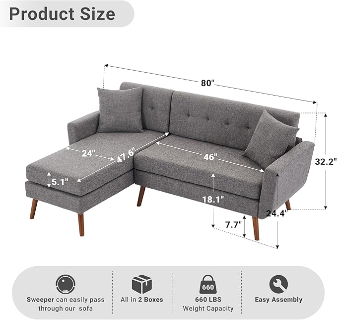 Tbfit L Shaped Couch Sofa, 80" W Mid-Century Modern Sectional Couches, 3 Seater Sofas with Wide Chaise Lounge & Two Pillows,Button Tufted Upholstered Sectional Sofa for Living Room, Bedroom, Gray