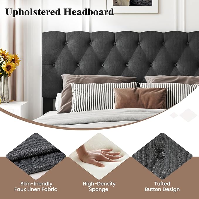 Giantex Full Size Platform Bed Frame, Modern Upholstered Bed Frame with Diamond Tufting Headboard, Wooden Slats Support, No Box Spring Needed, Gray