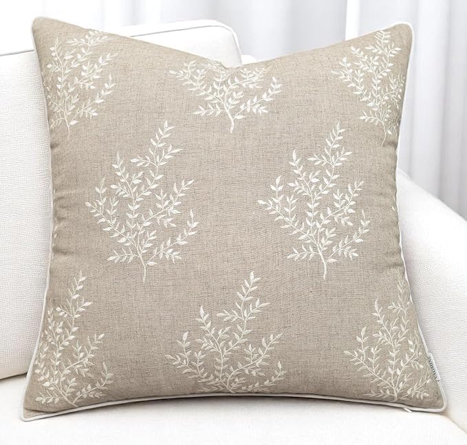 VAGMINE Embroidered Leaves Throw Pillow Cover - 18x18 Inches Square - 100% Linen Natural Decorative Cushion Cover - Artistic Floral Embroidery - Cozy Farmhouse & Boho Accent for Sofa, Couch, Bedroom