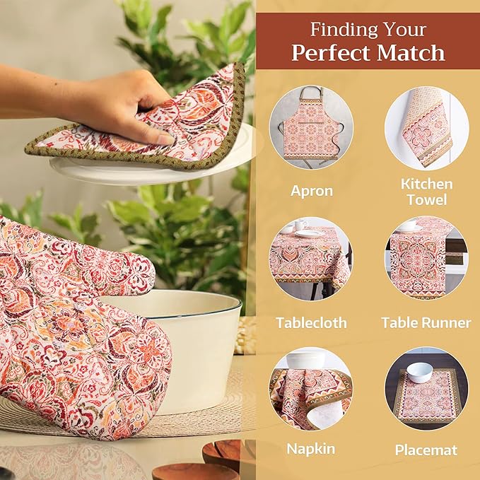 Maison d' Hermine Oven Gloves 100% Cotton Oven Mitt 7" x 13" with Loop Heat Resistant BBQ Cooking Gloves for Thanksgiving Christmas Decorations Baking Handling Hot Pans (Pack of 1, Damask)