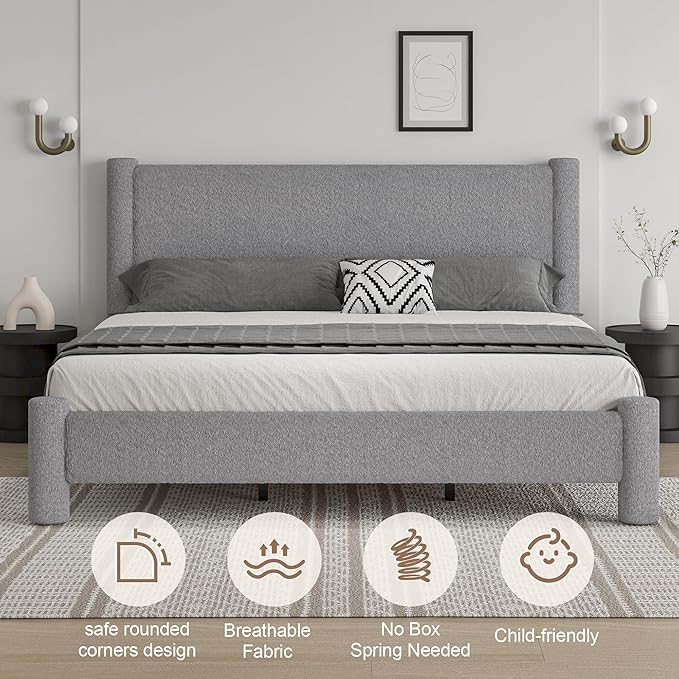 King Size Bed Frame, Boucle Upholstered Platform Bed with Headboard and Footboard, Soft Rounded Corners, No Box Spring Required, Easy Assembly, Light Grey