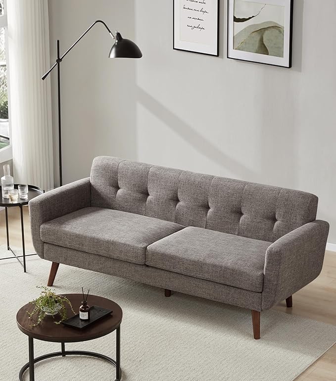 Tbfit 77.2" W Linen Sofa Couch, Mid Century Modern Decor Loveseat Couches for Living Room, Button Tufted Upholstered Small Couch for Bedroom, Solid, and Easy to Install Love Seats Furniture, Grey
