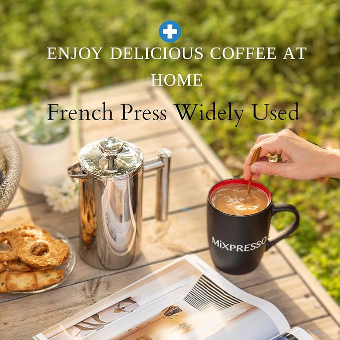 Mixpresso Stainless Steel French Press Coffee Maker 27 Oz 800ml, Double Wall Insulated French Press Stainless Steel, Built-In Thermometer, Easy Clean Tea Brewer, Easy Press Durable Metal Coffee Press