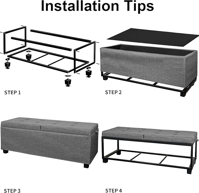 Metal Storage Ottoman, End of Bed Bench, Foot Stool with Legs, Storage Chest Footrest for Bedroom, Entryway, Living Room, 15.7 x 43 x 15.7 Inches, Linen Grey