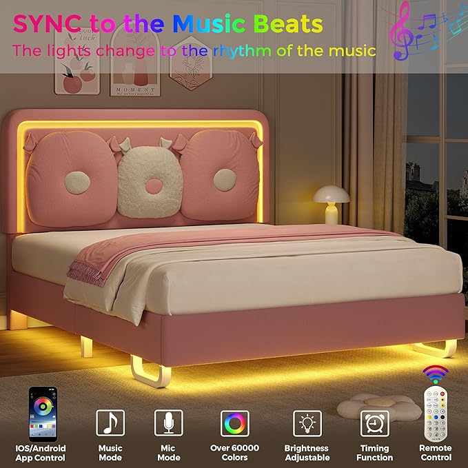 Queen Size Upholstered Bed Frame with LED Lights, Girls Bed with Adjustable Chic Double Headboard, Boucle Princess Platform Bed for Girls, Solid Wood Slats Support, No Box Spring Needed, Pink