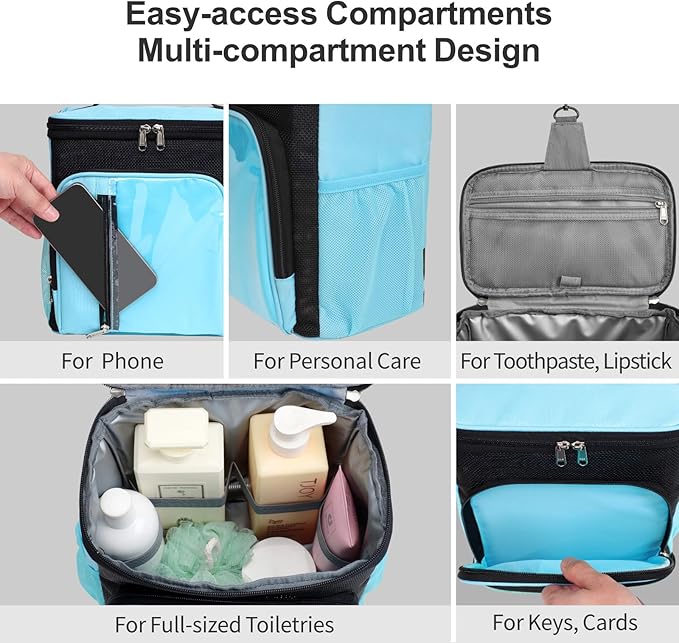 F-color Hanging Shower Caddy Portable - College Dorm Essentials for Guys with Hooks, Quick-Dry Shower Bag for Dorm Travel Gym Camping Essentials, Water-Resistant with Multiple Pockets, Light Blue