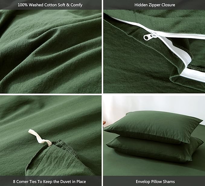 MooMee Bedding Duvet Cover Set 100% Washed Cotton Linen Like Textured Breathable Durable Soft Comfy (Solid Forest Green, King 104"x90")