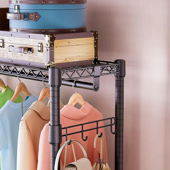 IZEUK Heavy Duty Garment Rack, Freestanding Clothing Rack for Hanging Clothes with 1 Rod, 3 Tiers & Side Hooks, Adjustable Metal Wardrobe Closet Organizer, 45.3" W x 15.7" D x 72.4" H, Dark Grey