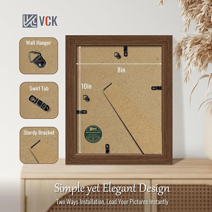 VCK 8x10 Picture Frame Set of 4 - Brown, Gallery-Quality Wood Poster Frames, 1.1-Inch Wide Border, Polished Plexiglass, Vertical or Horizontal Wall & Tabletop Display for Photo/Art/Prints, Brown