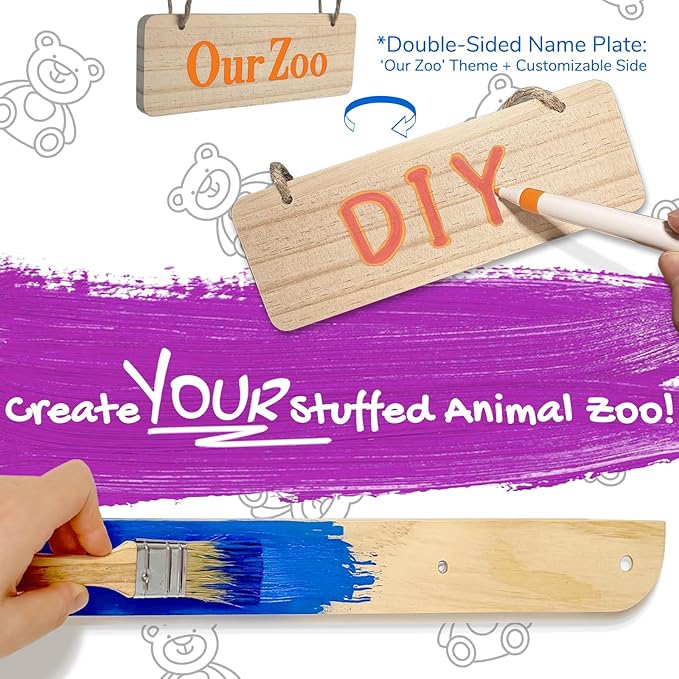 Stuffed Animal Storage or Organizer, Wooden Zoo Cage Toy Holder with Plush Hammock and Net Bottom for Toddlers Playroom, Bedroom