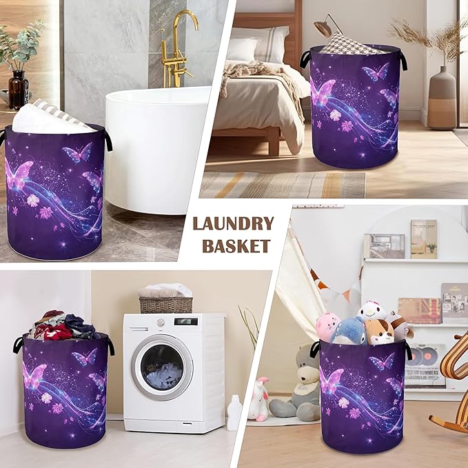 Laundry Hamper,Flying Butterflies Laundry Basket,Glowing Stars Waterproof Oxford Cloth Storage Basket with Handle for Clothes Books Nursery Home Storage Sundries 16"x20"