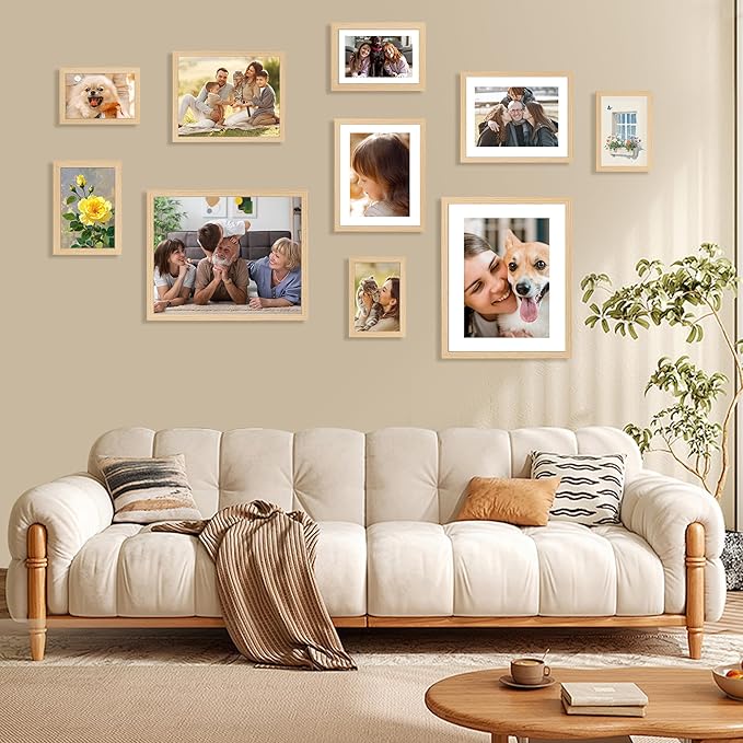 FIXSMITH 8x10 Picture Frame Bulk-6 Pack, Photo Frame with HD Plexiglass, Display Pictures 5x7 with Mat or 8x10 Without Mat, Natural Picture Frames Collage Wall Decor, Wall & Tabletop Picture Frames