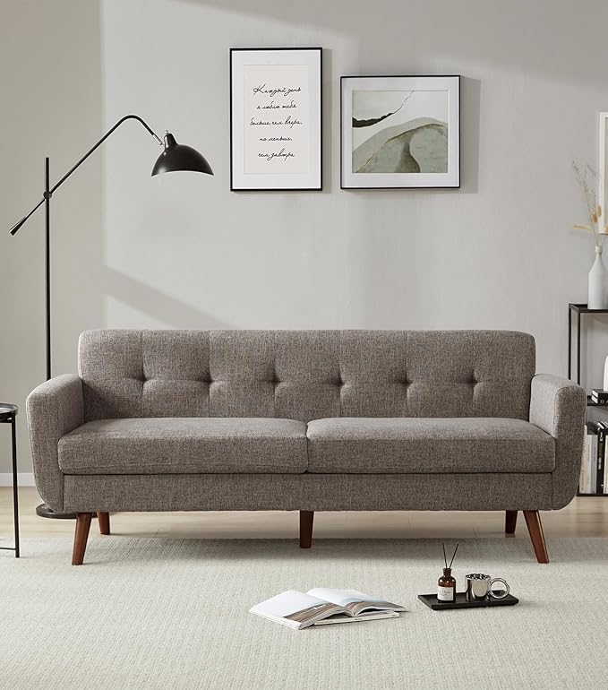 Tbfit 77.2" W Linen Sofa Couch, Mid Century Modern Decor Loveseat Couches for Living Room, Button Tufted Upholstered Small Couch for Bedroom, Solid, and Easy to Install Love Seats Furniture, Grey