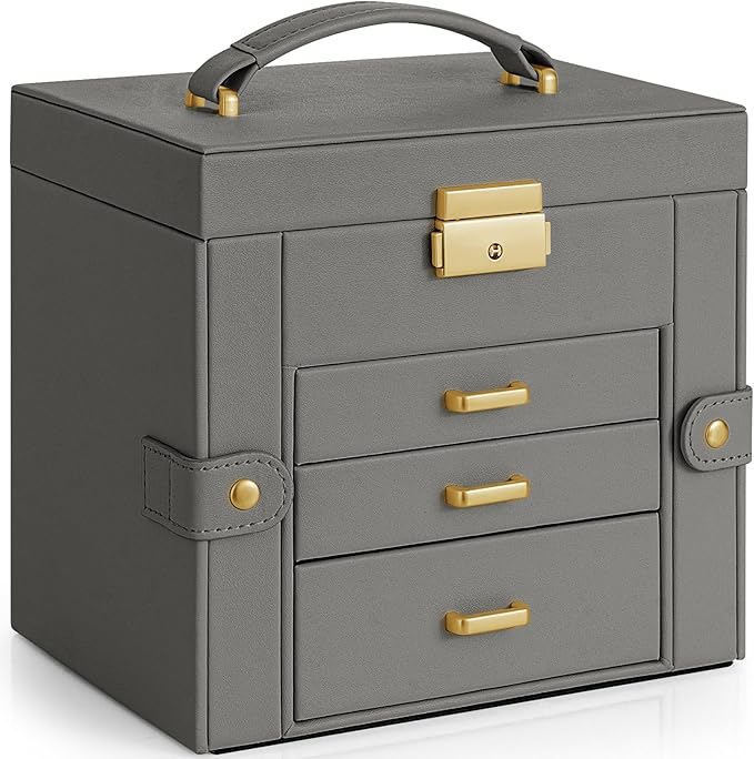 AKOZLIN 4-Tier Jewelry Box Leather Jewelry Storage Organizer with 3 Drawers Lockable for Women Girls Ring Necklace Earring Bracelet Holder with Mirror Dark Grey