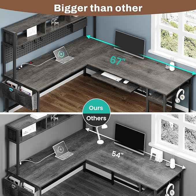 SEDETA L Shaped Desk, 94.5 Inch Home Office Desk with Power Outlet & Pegboard, L Shaped Gaming Desk with LED Light, Keyboard Tray, Storage Shelves and Headphone Hook for Home Office, Grey
