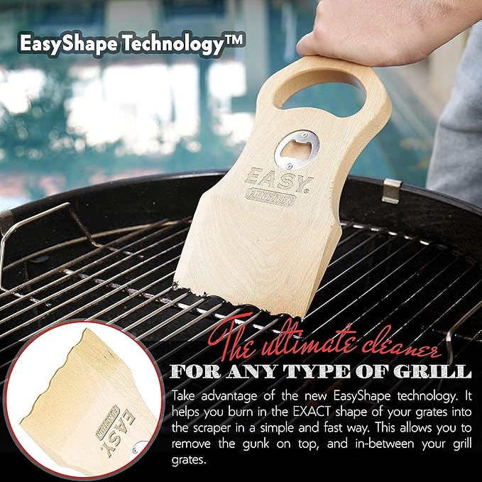 Wood Grill Scraper - Wooden Alternative for A BBQ Grill Brush, Made from Natural Pine Hardwood - Uses The New EasyShape Technology for Safe Cleaning & Bristle Free Barbecue