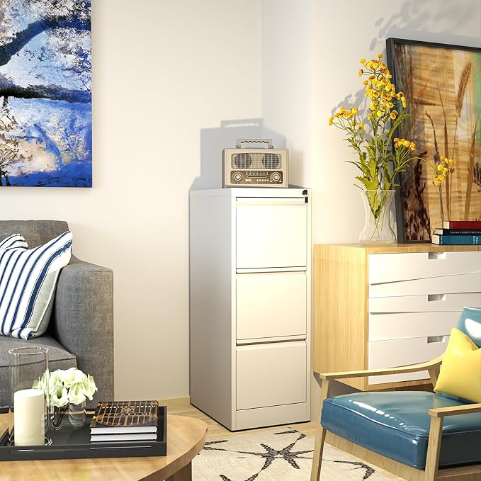 AQY 3 Drawer File Cabinet with Lock, White Metal Filing Cabinets for Home Office, 18" Deep Vertical Storage File Cabinets for Hanging A4/Letter/Legal Size Files, Assembly Require