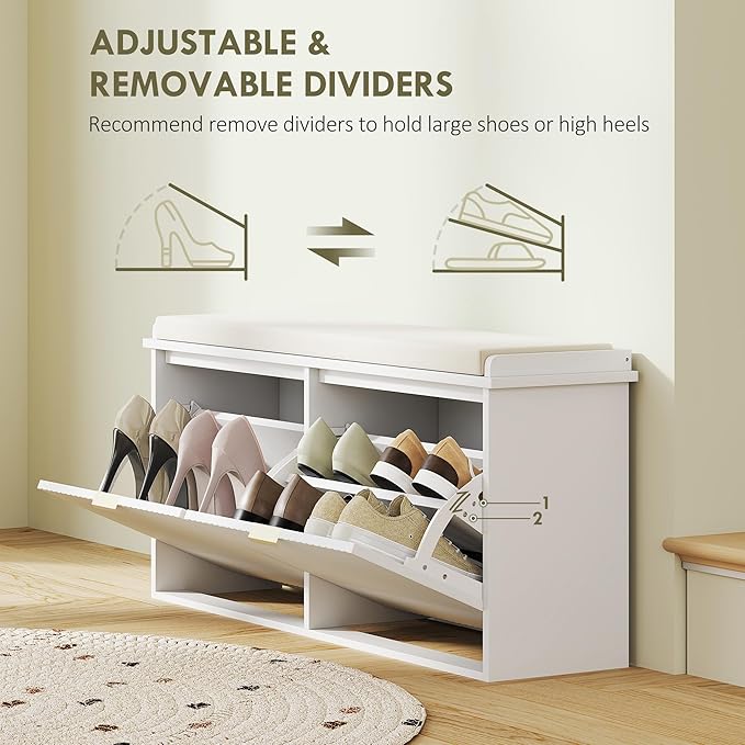 HOMCOM Shoe Bench with Padded Seat Cushion and 2 Flip-Drawers, Entryway Bench Holds up to 529lb, Shoe Cabinet, 40.9x10.2x18.7 Inches, White