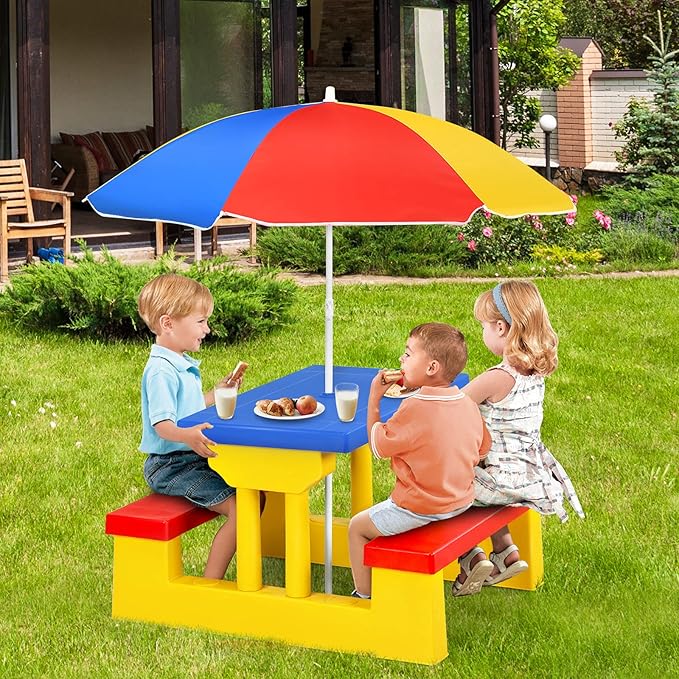 HONEY JOY Kids Picnic Table, Toddler Plastic Outdoor Table & Bench Set with Umbrella, Children Patio Furniture Set for Backyard Garden, Kids Picnic Tables for Outdoors, Gift for Boys Girls Age 3+