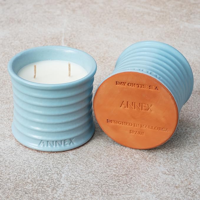 Scented Luxury Candles in Handmade Ceramic Jars, Soy Wax | Day On The Sea – Cypress & Cedar, Large Candle | Non Toxic, 2 Wicks, Reusable Big Blue Jar | Natural Spring Aromatherapy for Women & Men