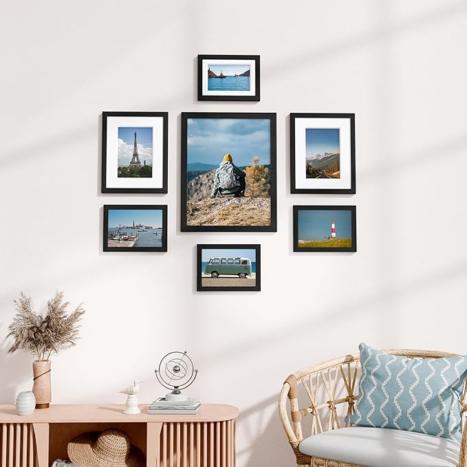 Vittanly 7 Pack Picture Frames, Picture Frames Collage Wall Decor for Wall or Tabletop Display, Multi Sizes with 1Pcs 11x14, 2Pcs 8x10 and 4Pcs 5x7 Photo Frames, Gallery Wall Frame Set in Black