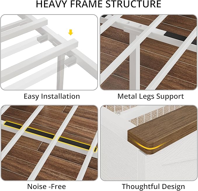 IRONCK Farmhouse King Size Bed Frame with LED Light and Charging Station, Wood Bed Frame with Storage Headboard and 2 Drawers, Barn Door Design, Sturdy and Noiseless, White