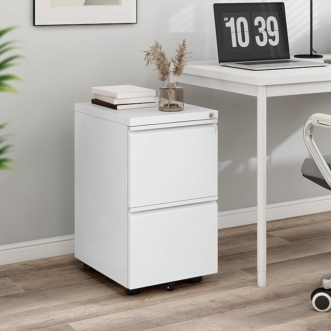 YITAHOME 2 Drawer File Cabinet with Lock, Mobile Metal Filing Cabinet for Letters/Legal/A4 Size, Home Office & Business Enterprise, Fully Assembled Except Wheels, White