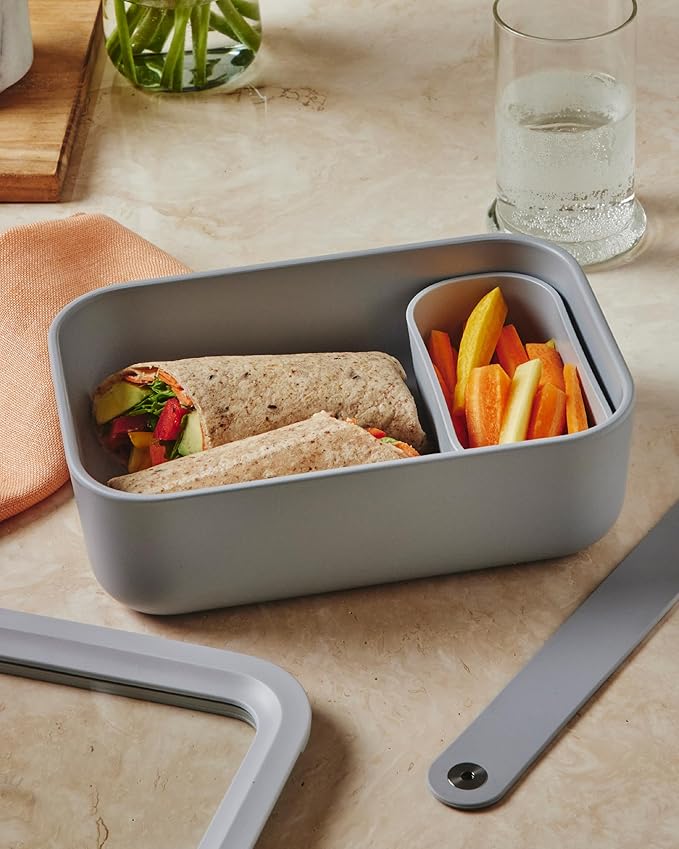 Caraway 2pc Glass Food Storage Set - 6.6 Cup Food Containers (2) - Ceramic Coated - Non Toxic, Non Stick Lunch Box with Lids. Dishwasher, Oven, & Microwave Safe - Gray