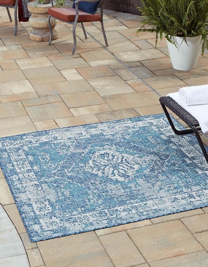 Unique Loom Outdoor Traditional Collection Area Rug - Valeria (13' Square, Blue/ Ivory)