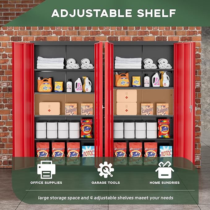 Greenvelly Metal Garage Storage Cabinet with Doors and Adjustable Shelves,72" Steel Lockable File Cabinet for Home Office,Garage,School(Black Red,32" W x 16" D)