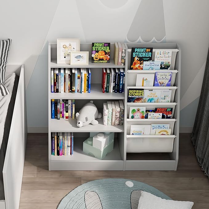 Gray 4 Tier Kids Wooden Bookshelf,Five Layer Sling Toddler Front Facing Bookcase,Baby Kids Storage Book Rack,Book and Toy Organizer Cabinet,Child Book Display Playroom Nursery Bedroom