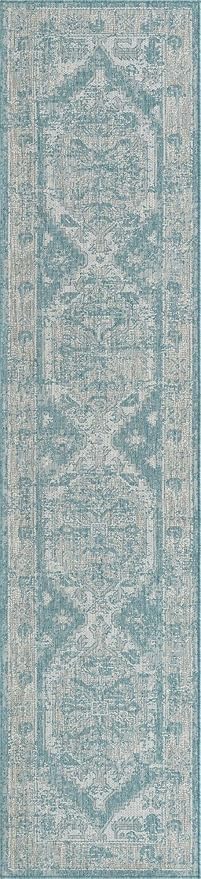 Unique Loom Outdoor Traditional Collection Area Rug - Valeria (2' 7" x 12' Runner, Aqua/ Ivory)