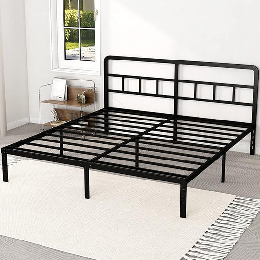 Metal Platform King Bed Frame with Headboard, 14 Inch No Box Spring Needed Heavy Duty Steel Slat Mattress Foundation/Easy Assembly/Noise Free/Black