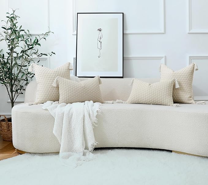 sykting Boho Outdoor Pillow Covers 18x18 Set of 2 Thick Woven Neutral Beige Throw Pillow Covers with Tassels for Couch Sofa Living Room