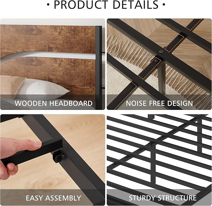 VECELO Queen Size Platform Bed Frame with USB Charging Station and Wood Storage Headboard, Heavy Duty Metal, Large Storage, Noise-Free, No Box Spring Needed, Easy Assembly, Rustic Brown