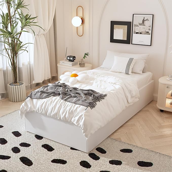 Twin Bed Frame with White Fabric Cover 14 Inch, Heavy Duty Metal Bed Frame Twin, No Box Spring Needed, Support Up to 2500 lbs, Easy Assembly, Noise Free, Black