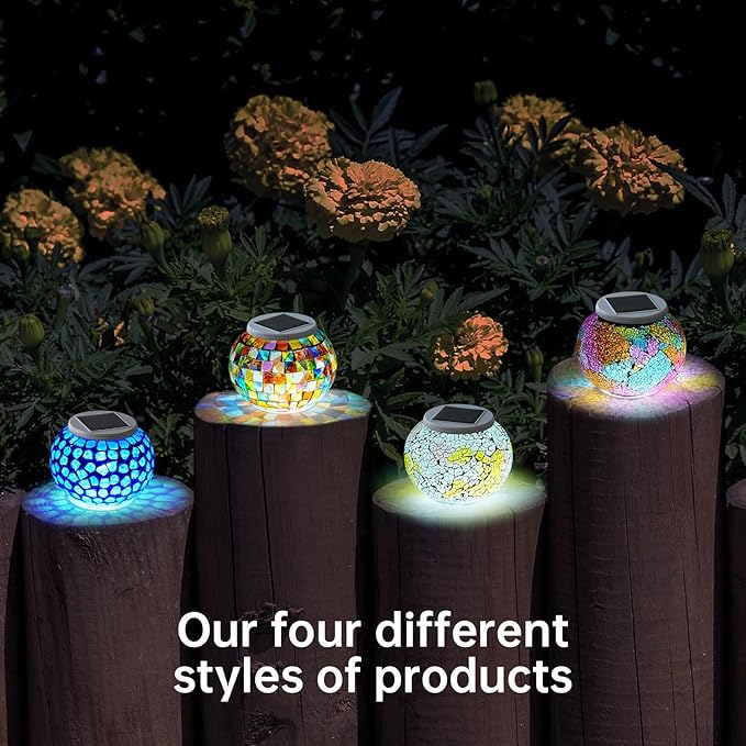 Color Changing Solar Powered Glass Mosaic Ball Led Garden Lights Rechargeable Outdoor Waterproof Solar Night Lights Table Lamps for Decorations Blue