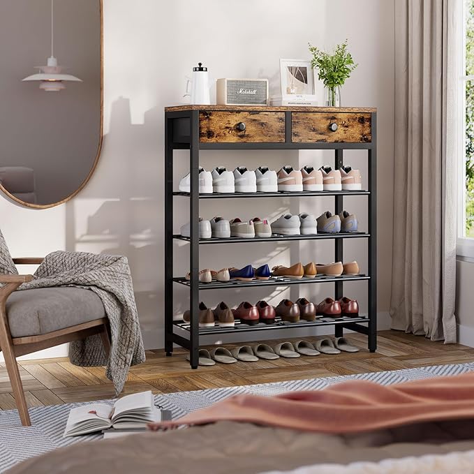 IBUYKE 5 Tier Shoe Rack, Metal Shoe Storage Organizer for 12-16 Pairs of Shoes, Modern Shoe Stand with 2 Drawers,Metal Shelf for Entryway Closet Bedroom, Rustic Brown TXJ041H