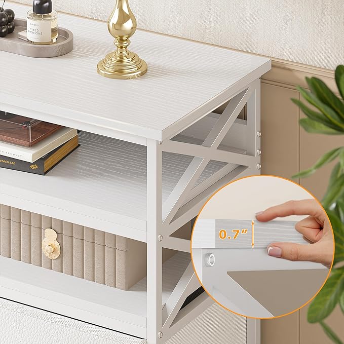 White Dresser TV Stand for 50" TV, Sturdy Dresser for Bedroom with 5 Fabric Drawers and Wood Open Shelves, Chest of Drawers Storage Dressers for Entryway, Closet, 11.8" D x 39.4" W x 38.4" H