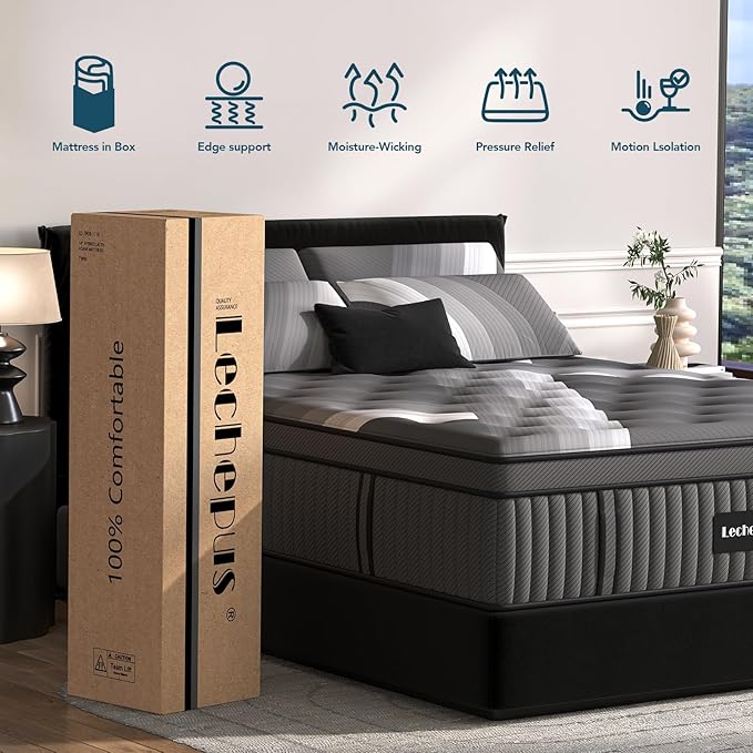 King Mattress - Lechepus 14" Plush Memory Foam Hybrid Mattress in Box with Individual Pocket Spring for Pressure Relief & Motion Isolation, Premier Comfort Sleep, Fiberglass Free & 180 Night Trail