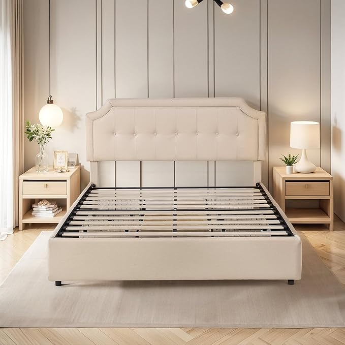 VECELO Queen Size Platform Bed Frame with 4 Storage Drawers,Fabric Upholstered Headboard and Wooden Slats Support,Built-in USB and Type C Ports, No Box Spring Needed,Easy Assembly