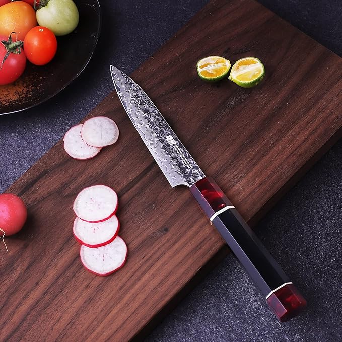FINDKING 5 Inch Kitchen Utility Knife with ABS sheath, Multi-Purpose Japanese Paring Knife, Damascus Steel Blade, Resin Octagonal Handle, Small, for Fruits Vegetables (Eternity Series)