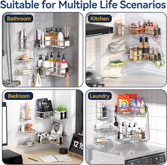 YASONIC Corner Shower Caddy Organizer, 5-Pack Self-Adhesive Rustproof Bath Shelves with Soap Holder & 4 Hooks, Large Capacity Shower Storage Rack for Bathroom Organization, Silver